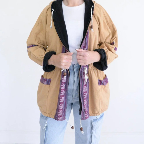 Vintage 90's Handmade Tan & Purple Aztec & Elephant Reversible  Zip Up Jacket M - Picture 2 of 15